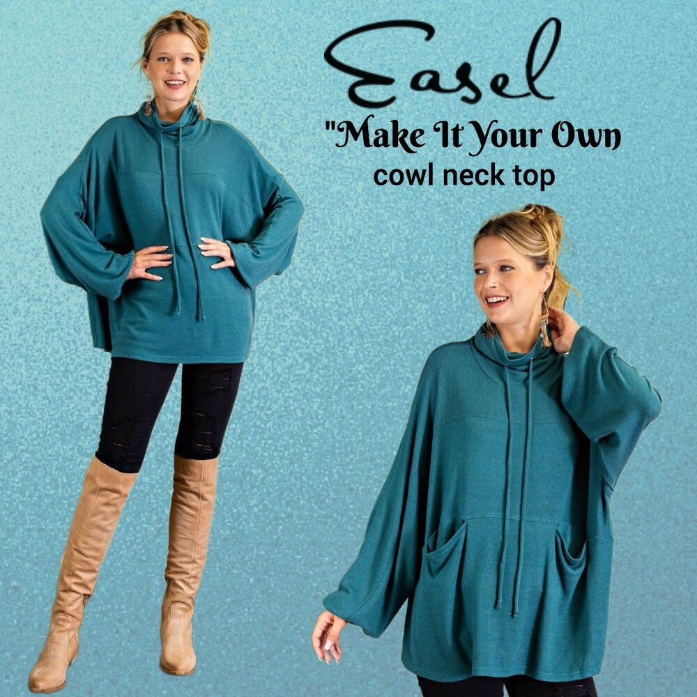 EASEL "Make It Your Own" Loose Fit Top Pockets Drawstring Cowl Neck Long Sleeves